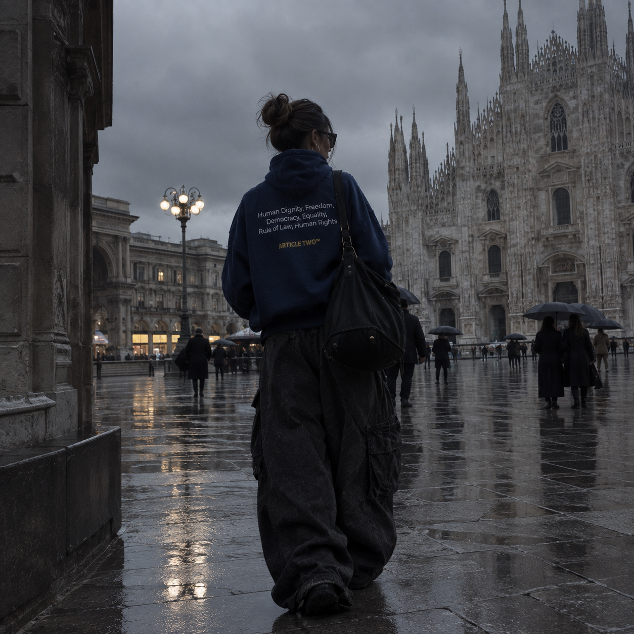 Back print of the EU HOOD on Piazza del Duomo, Milan