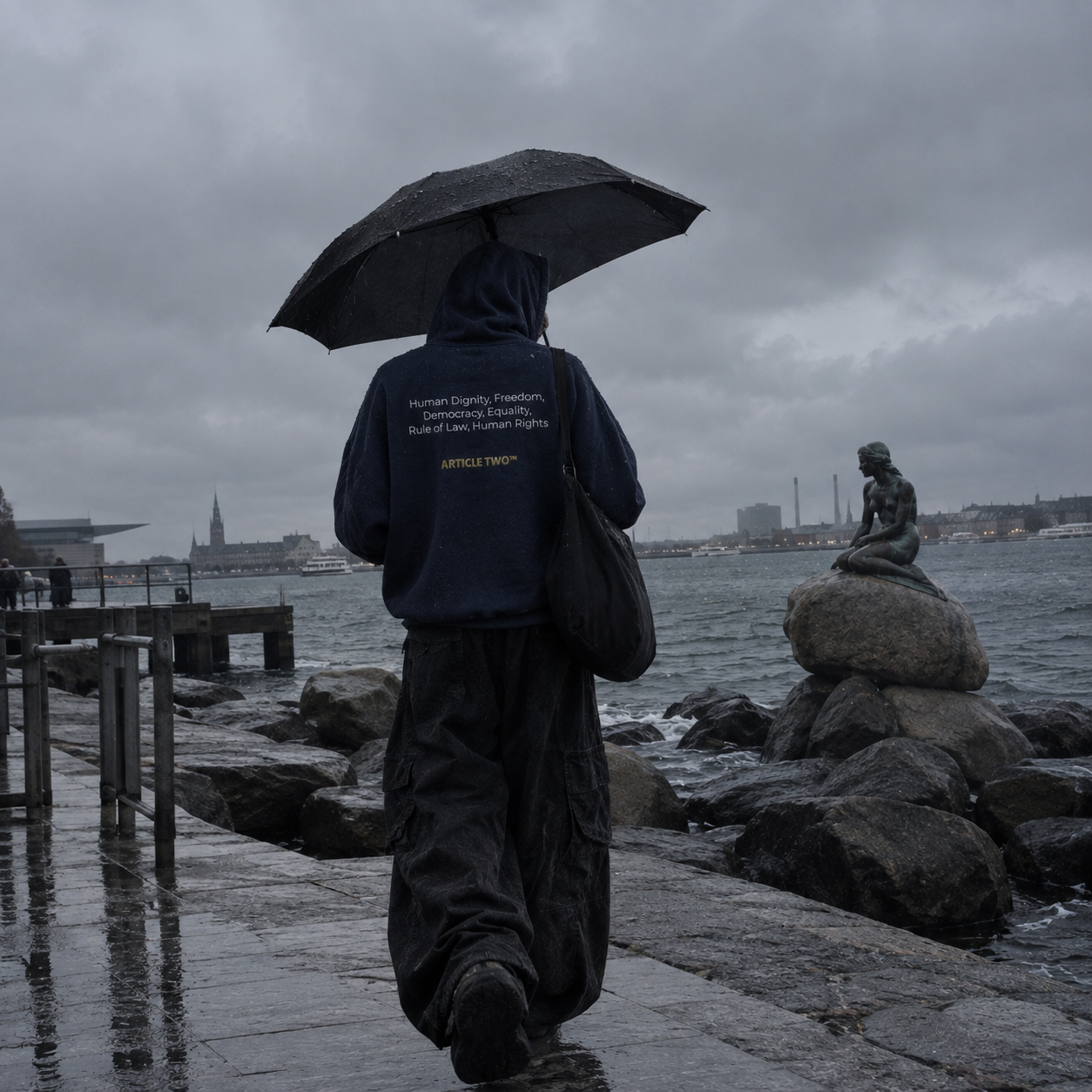 Back of the EU HOOD in the rain, Copenhagen harbour